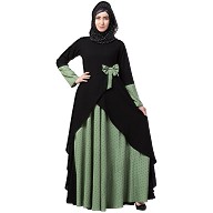 Polka dotted asymmetrical dress abaya- Green-Black Polka dotted asymmetrical dress abaya- Green-Black